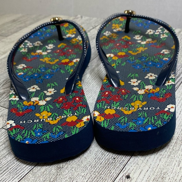 TORY BURCH Dark Blue Floral Flip Flops Size 6/7 - Picture 4 of 10